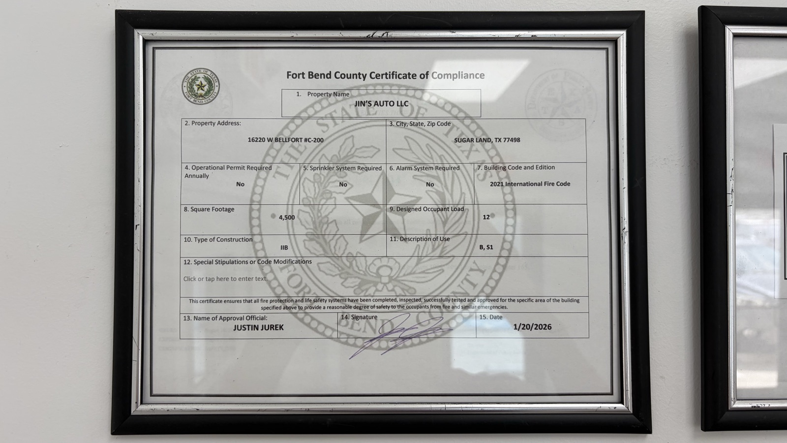 Fort Bend County Certificate of Compliance
