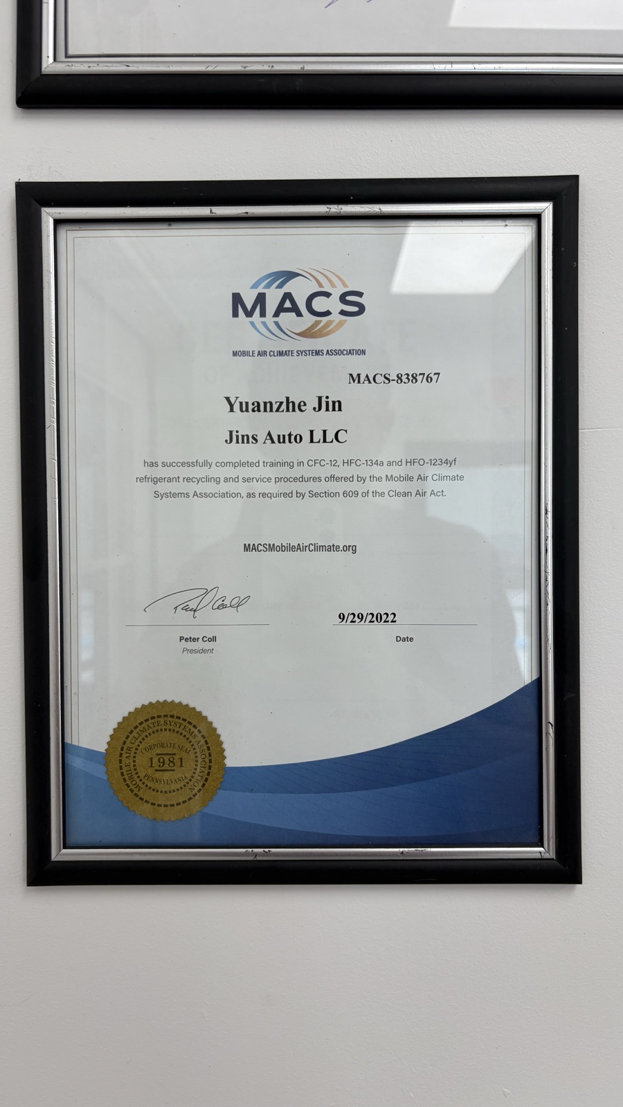 MACS Mobile Air Climate Systems certificate — Yuanzhe Jin