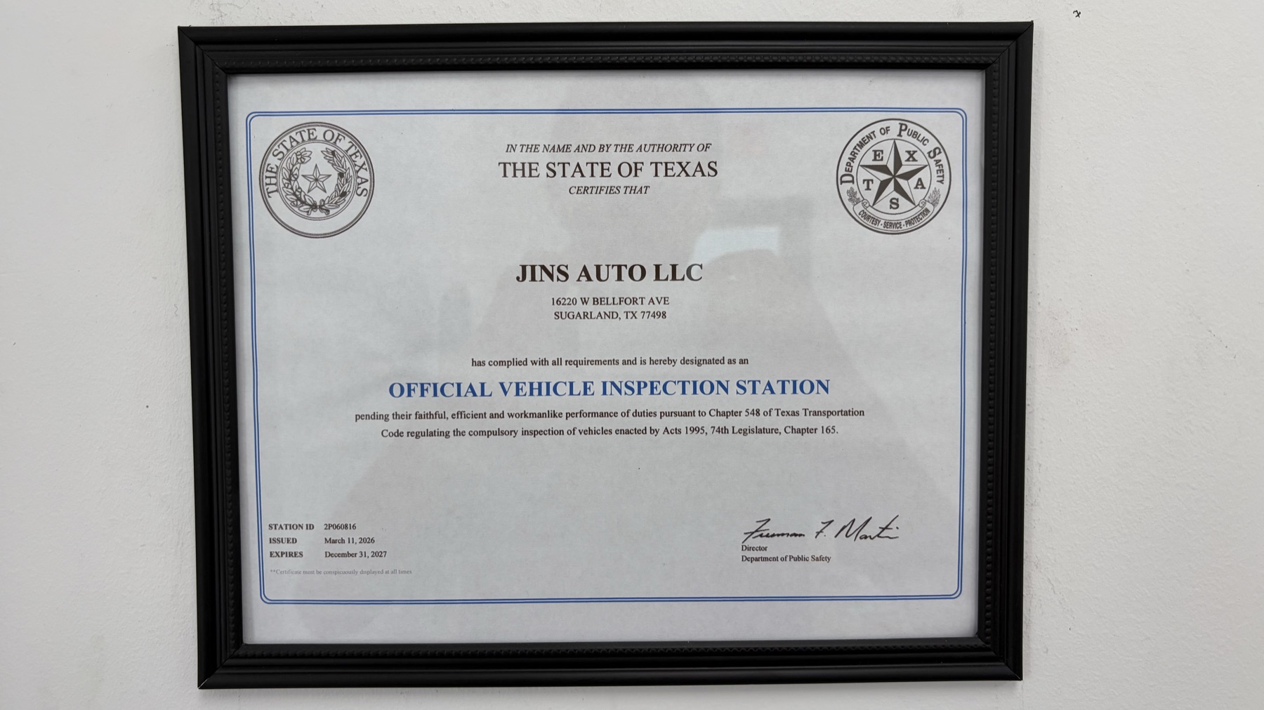 Texas Official Vehicle Inspection Station — JINS AUTO LLC